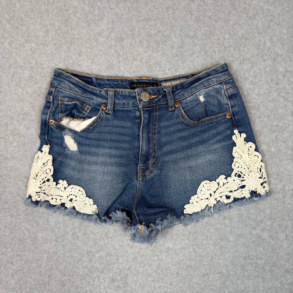 Aeropostale High Wasted Shorty Denim Jean Shorts Blue Lace Distressed Womens 4